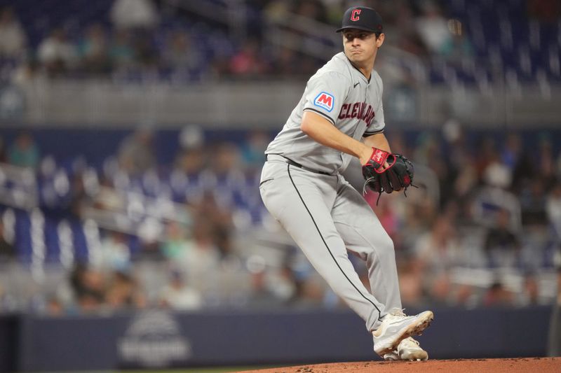 Jun 7, 2024; Miami, Florida, USA;  Cleveland Guardians starting pitcher Logan Allen (41) pitches in the first inning against the Miami Marlins at loanDepot Park. Mandatory Credit: Jim Rassol-USA TODAY Sports