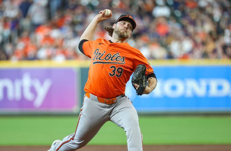 Jun 22, 2024; Houston, Texas, USA; Baltimore Orioles starting pitcher Corbin Burnes (39) delivers a pitch during the second inning against the Houston Astros at Minute Maid Park. Mandatory Credit: Troy Taormina-USA TODAY Sports