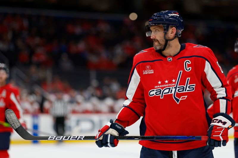 Sep 28, 2023; Washington, District of Columbia, USA; Washington Capitals left wing Alex Ovechkin (8) stands on the ice against the Detroit Red Wings in the first period at Capital One Arena. Mandatory Credit: Geoff Burke-USA TODAY Sports