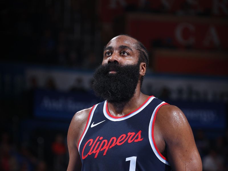 OKLAHOMA CITY, OK - NOVEMBER 11: James Harden #1 of the LA Clippers shoots a free throw during the game against the Oklahoma City Thunder on November 11, 2024 at Paycom Center in Oklahoma City, Oklahoma. NOTE TO USER: User expressly acknowledges and agrees that, by downloading and or using this photograph, User is consenting to the terms and conditions of the Getty Images License Agreement. Mandatory Copyright Notice: Copyright 2024 NBAE (Photo by Nathaniel S. Butler/NBAE via Getty Images)