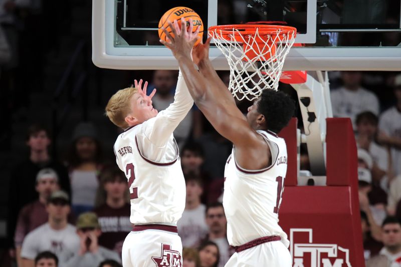 Dec 10, 2023; College Station, Texas, USA; Texas A&M Aggies guard Hayden Hefner (2) and Texas A&M Aggies forward Henry Coleman III (15) both leap for a rebound against the Memphis Tigers during the first half at Reed Arena. Mandatory Credit: Erik Williams-USA TODAY Sports