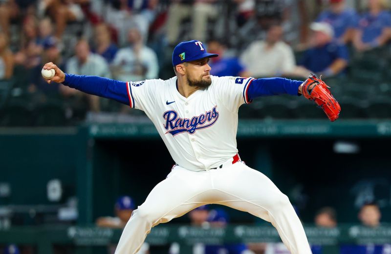 Aug 17, 2024; Arlington, Texas, USA;  Texas Rangers starting pitcher Nathan Eovaldi (17) throws  against the Minnesota Twins during the first inning  at Globe Life Field. Mandatory Credit: Kevin Jairaj-USA TODAY Sports