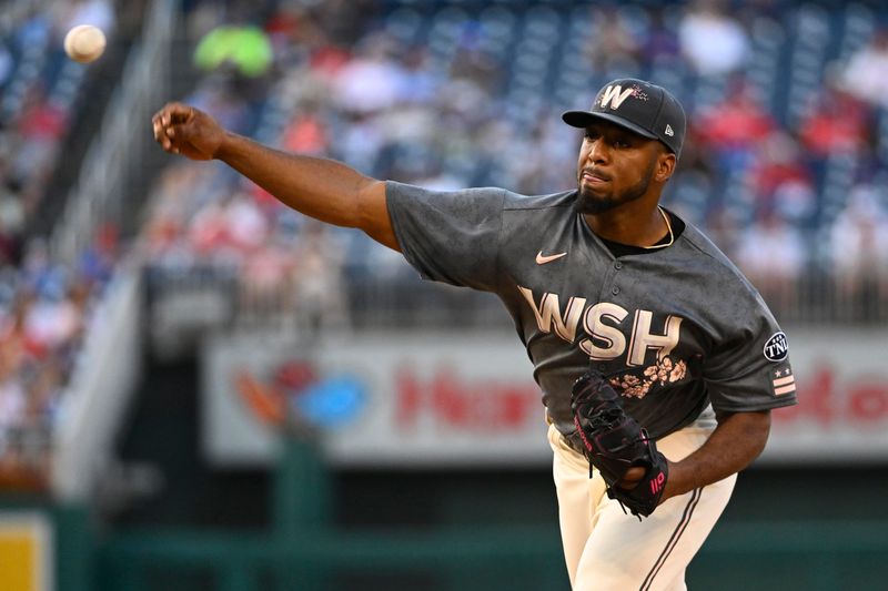 Aug 18, 2023; Washington, District of Columbia, USA; Washington Nationals starting pitcher Joan Adon (60) throws to the Philadelphia Phillies during the first inning at Nationals Park. Mandatory Credit: Brad Mills-USA TODAY Sports