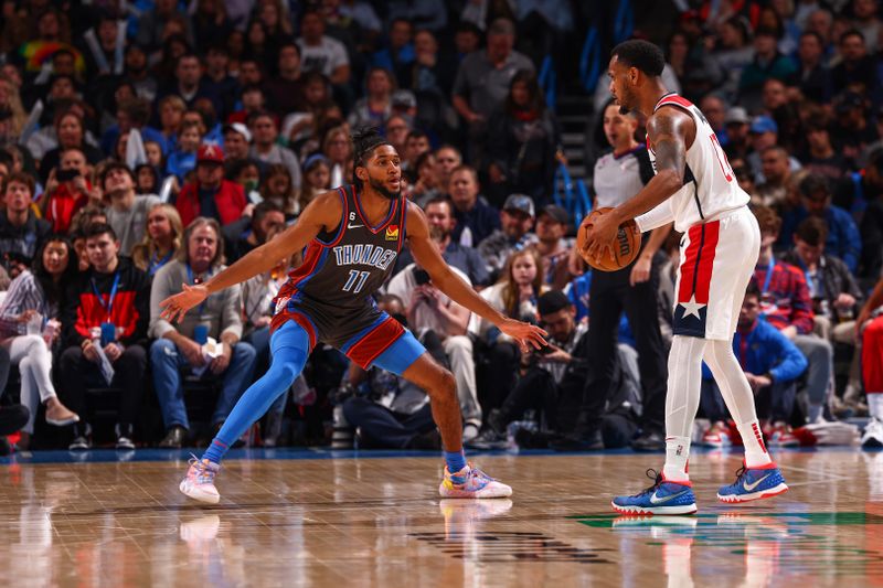 OKLAHOMA CITY, OK - JANUARY 6:  Isaiah Joe #11 of the Oklahoma City Thunder plays defense during the game against the  Washington Wizards on January 6, 2023 at Paycom Arena in Oklahoma City, Oklahoma. NOTE TO USER: User expressly acknowledges and agrees that, by downloading and or using this photograph, User is consenting to the terms and conditions of the Getty Images License Agreement. Mandatory Copyright Notice: Copyright 2023 NBAE (Photo by Zach Beeker/NBAE via Getty Images)