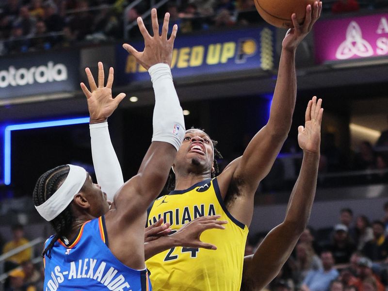 INDIANAPOLIS, INDIANA - MARCH 31:  Buddy Hield #24 of the Indiana Pacers against the Oklahoma City Thunder at Gainbridge Fieldhouse on March 31, 2023 in Indianapolis, Indiana.    NOTE TO USER: User expressly acknowledges and agrees that, by downloading and/or using this photograph, User is consenting to the terms and conditions of the Getty Images License Agreement. (Photo by Andy Lyons/Getty Images)