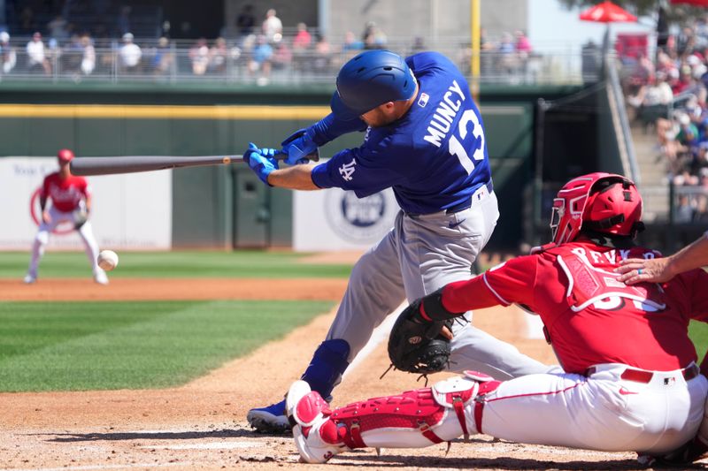Mar 5, 2026; Goodyear, Arizona, USA; Los Angeles Dodgers third baseman Max Muncy (13) during the first inning at Goodyear Ballpark. Mandatory Credit: Joe Camporeale-Imagn Images