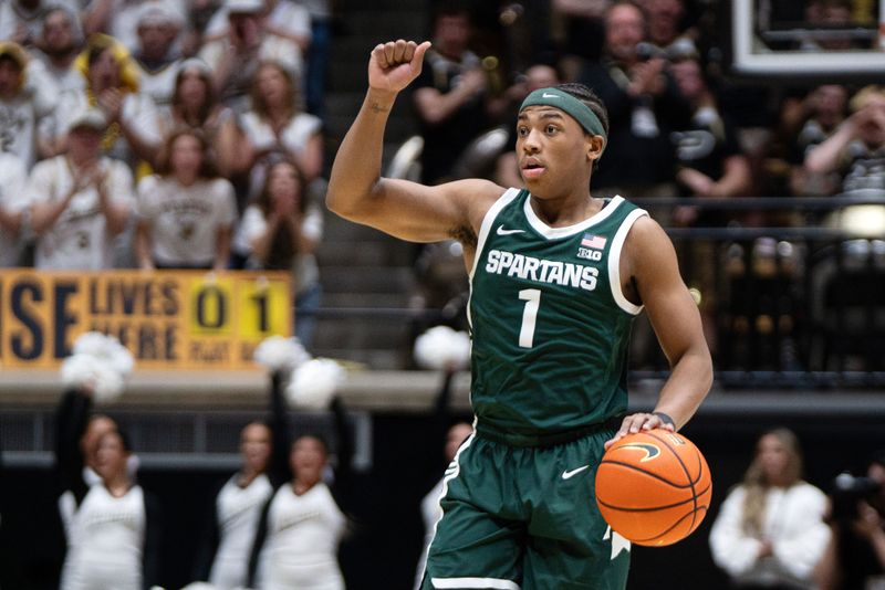 Feb 26, 2026; West Lafayette, Indiana, USA; Michigan State Spartans guard Jeremy Fears Jr. (1) calls a play during the first half of a game against the Purdue Boilermakers at Mackey Arena. Mandatory Credit: Jacob Musselman-Imagn Images