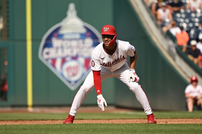 Jul 8, 2024; Washington, District of Columbia, USA; Washington Nationals third baseman Trey Lipscomb (38) takes a lead off of first base against the St. Louis Cardinals during the fifth inning at Nationals Park. Mandatory Credit: Rafael Suanes-USA TODAY Sports