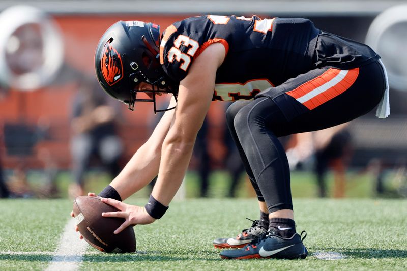 Sep 16, 2023; Corvallis, Oregon, USA; Oregon State Beavers long snapper Peyton Hogan(33) warms up before the game against the San Diego State Aztecs at Reser Stadium. Mandatory Credit: Soobum Im-USA TODAY Sports