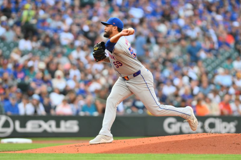 Aug 10, 2024; Seattle, Washington, USA; New York Mets starting pitcher Sean Manaea (59) pitches to the Seattle Mariners during the first inning at T-Mobile Park. Mandatory Credit: Steven Bisig-USA TODAY Sports