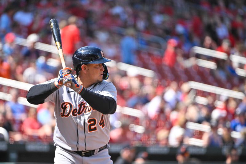 May 7, 2023; St. Louis, Missouri, USA;  Detroit Tigers designated hitter Miguel Cabrera (24) bats against the St. Louis Cardinals during the eighth inning at Busch Stadium. Mandatory Credit: Jeff Curry-USA TODAY Sports