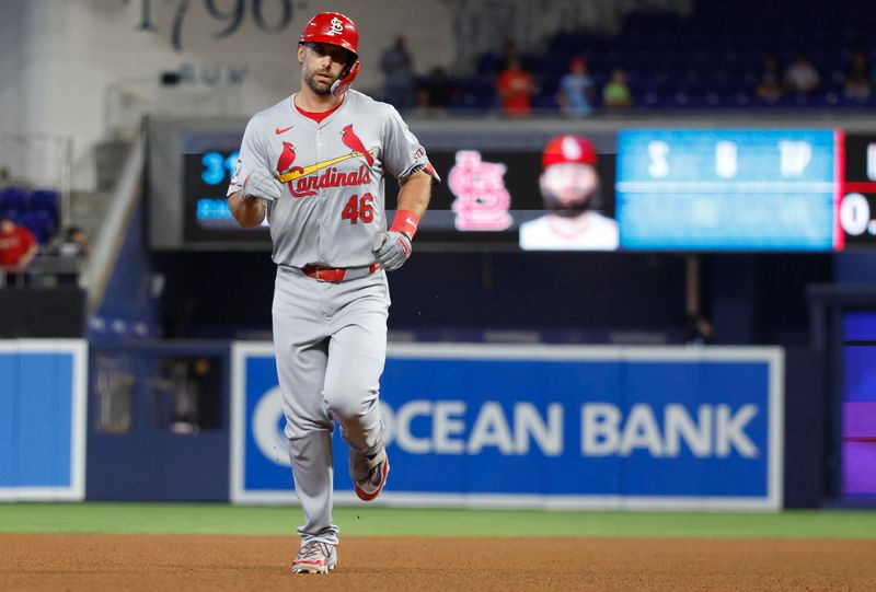 Jun 18, 2024; Miami, Florida, USA; St. Louis Cardinals first baseman Paul Goldschmidt (46) rounds the bases after hitting two run home run against the Miami Marlins in the first inning at loanDepot Park. Mandatory Credit: Rhona Wise-USA TODAY Sports