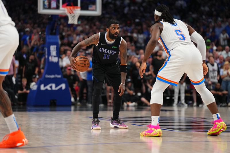 DALLAS, TX - MAY 18: Kyrie Irving #11 of the Dallas Mavericks handles the ball during the game against the Oklahoma City Thunder during Round 2 Game 6 of the 2024 NBA Playoffs on May 18, 2024 at the American Airlines Center in Dallas, Texas. NOTE TO USER: User expressly acknowledges and agrees that, by downloading and or using this photograph, User is consenting to the terms and conditions of the Getty Images License Agreement. Mandatory Copyright Notice: Copyright 2024 NBAE (Photo by Cooper Neill/NBAE via Getty Images)