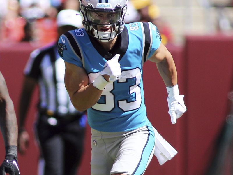 Carolina Panthers wide receiver Derek Wright (83) runs during an NFL football game against the Washington Commanders, Saturday, Aug. 13, 2022 in Landover. (AP Photo/Daniel Kucin Jr.)