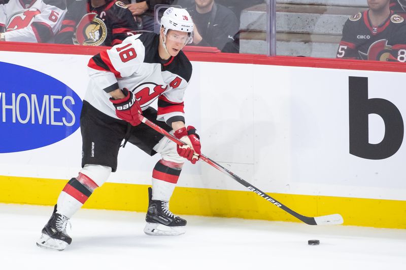 Apr 6, 2024; Ottawa, Ontario, CAN; New Jersey Devils left wing Ondrej Palat (18) skates with the puck in the third period against the Ottawa Senators at the Canadian Tire Centre. Mandatory Credit: Marc DesRosiers-USA TODAY Sports