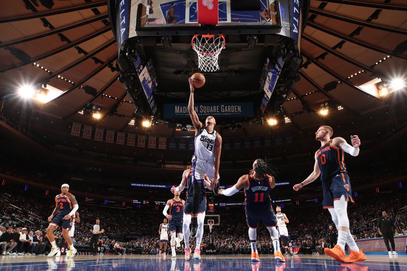 NEW YORK, NY - APRIL 4: Keegan Murray #13 of the Sacramento Kings drives to the basket during the game against the New York Knicks on April 4, 2024 at Madison Square Garden in New York City, New York.  NOTE TO USER: User expressly acknowledges and agrees that, by downloading and or using this photograph, User is consenting to the terms and conditions of the Getty Images License Agreement. Mandatory Copyright Notice: Copyright 2024 NBAE  (Photo by Nathaniel S. Butler/NBAE via Getty Images)