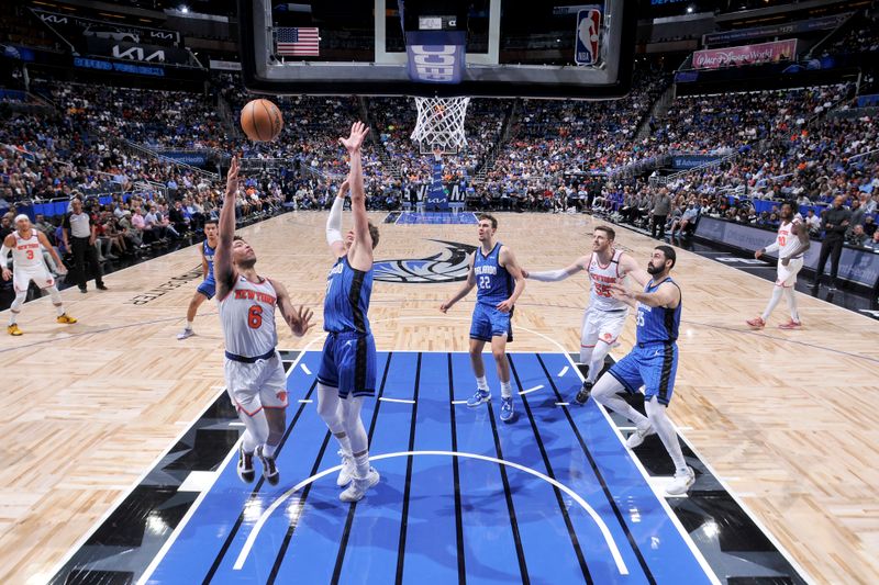 ORLANDO, FL - MARCH 23: Quentin Grimes #6 of the New York Knicks shoots the ball during the game against the Orlando Magic on March 23, 2023 at Amway Center in Orlando, Florida. NOTE TO USER: User expressly acknowledges and agrees that, by downloading and or using this photograph, User is consenting to the terms and conditions of the Getty Images License Agreement. Mandatory Copyright Notice: Copyright 2023 NBAE (Photo by Fernando Medina/NBAE via Getty Images)