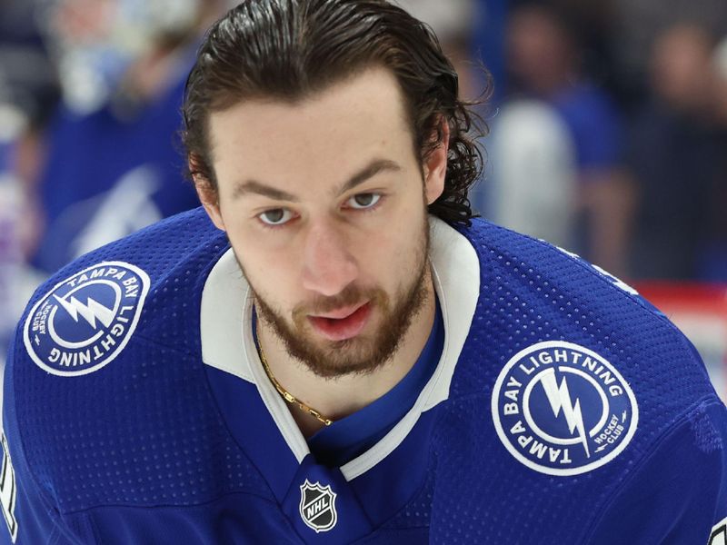 Jan 27, 2024; Tampa, Florida, USA; Tampa Bay Lightning center Anthony Cirelli (71) warms up prior to the game against the New Jersey Devils at Amalie Arena. Mandatory Credit: Kim Klement Neitzel-USA TODAY Sports