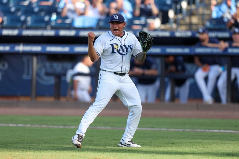 Jun 7, 2025; Tampa, Florida, USA; Tampa Bay Rays pitcher Manuel Rodriguez (39) reacts after pitching against the Miami Marlins in the eighth inning at George M. Steinbrenner Field. Mandatory Credit: Nathan Ray Seebeck-Imagn Images