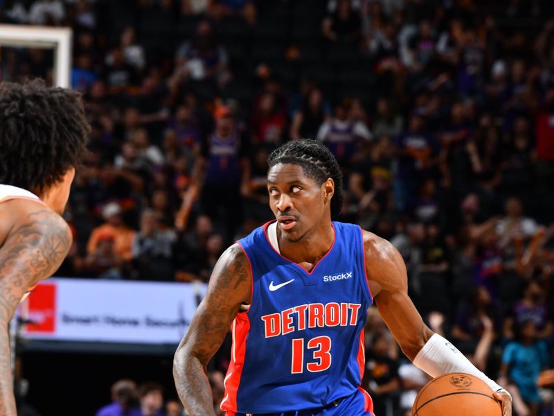 PHOENIX, AZ - OCTOBER 11: Dereon Seabron #13 of the Detroit Pistons drives to the basket during the game against the Phoenix Suns during a NBA preseason game on October 11, 2024 at Footprint Center in Phoenix, Arizona. NOTE TO USER: User expressly acknowledges and agrees that, by downloading and or using this photograph, user is consenting to the terms and conditions of the Getty Images License Agreement. Mandatory Copyright Notice: Copyright 2024 NBAE (Photo by Barry Gossage/NBAE via Getty Images)