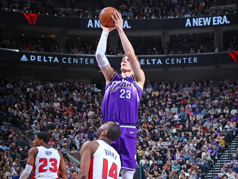 SALT LAKE CITY, UT - JANUARY 1: Lauri Markkanen #23 of the Utah Jazz shoots the ball during the game against the Detroit Pistons on January 1, 2024 at vivint.SmartHome Arena in Salt Lake City, Utah. NOTE TO USER: User expressly acknowledges and agrees that, by downloading and or using this Photograph, User is consenting to the terms and conditions of the Getty Images License Agreement. Mandatory Copyright Notice: Copyright 2023 NBAE (Photo by Melissa Majchrzak/NBAE via Getty Images)