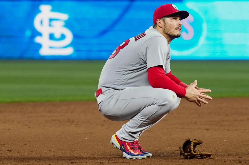 Aug 11, 2023; Kansas City, Missouri, USA; St. Louis Cardinals third baseman Nolan Arenado (28) reacts during the eighth inning against the Kansas City Royals at Kauffman Stadium. Mandatory Credit: Jay Biggerstaff-USA TODAY Sports