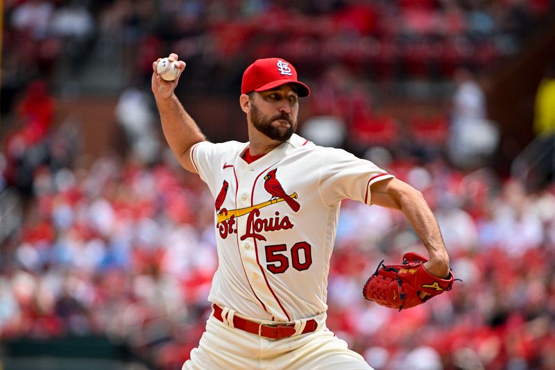 May 6, 2023; St. Louis, Missouri, USA;  St. Louis Cardinals starting pitcher Adam Wainwright (50) pitches against the Detroit Tigers during the first inning at Busch Stadium. Mandatory Credit: Jeff Curry-USA TODAY Sports