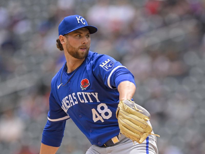 May 27, 2024; Minneapolis, Minnesota, USA; Kansas City Royals starting pitcher Alec Marsh (48) delivers a pitch against the Minnesota Twins during the second inning at Target Field. Mandatory Credit: Nick Wosika-USA TODAY Sports