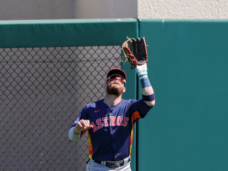 Feb 26, 2024; Lakeland, Florida, USA; Houston Astros right fielder Trey Cabbage (38) catches a fly ball during the second inning against the Detroit Tigers at Publix Field at Joker Marchant Stadium. Mandatory Credit: Mike Watters-USA TODAY Sports