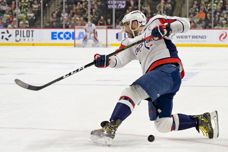 Jan 23, 2024; Saint Paul, Minnesota, USA;  Washington Capitals forward Alex Ovechkin (8) fans on a one-timer against the Minnesota Wild during the first period at Xcel Energy Center. Mandatory Credit: Nick Wosika-USA TODAY Sports