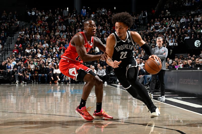 BROOKLYN, NY - NOVEMBER 9: Jalen Wilson #22 of the Brooklyn Nets dribbles the ball during the game against the Chicago Bulls on November 9, 2024 at Barclays Center in Brooklyn, New York. NOTE TO USER: User expressly acknowledges and agrees that, by downloading and or using this Photograph, user is consenting to the terms and conditions of the Getty Images License Agreement. Mandatory Copyright Notice: Copyright 2024 NBAE (Photo by David Dow/NBAE via Getty Images)