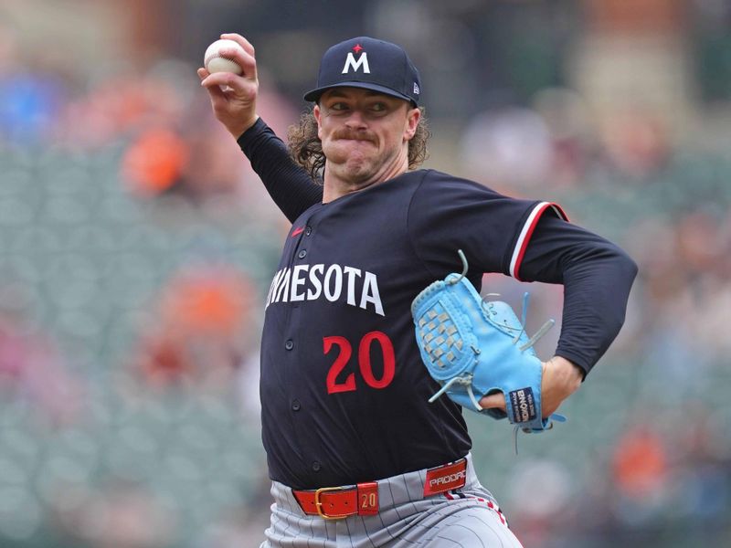May 15, 2025; Baltimore, Maryland, USA; Minnesota Twins pitcher Chris Paddack (20) delivers during the first inning against the Baltimore Orioles at Oriole Park at Camden Yards. Mandatory Credit: Mitch Stringer-Imagn Images