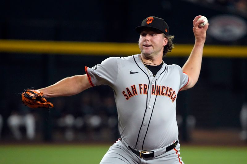 Jun 3, 2024; Phoenix, Arizona, USA; San Francisco Giants pitcher Erik Miller (68) throws against the Arizona Diamondbacks in the first inning at Chase Field. Mandatory Credit: Rick Scuteri-USA TODAY Sports