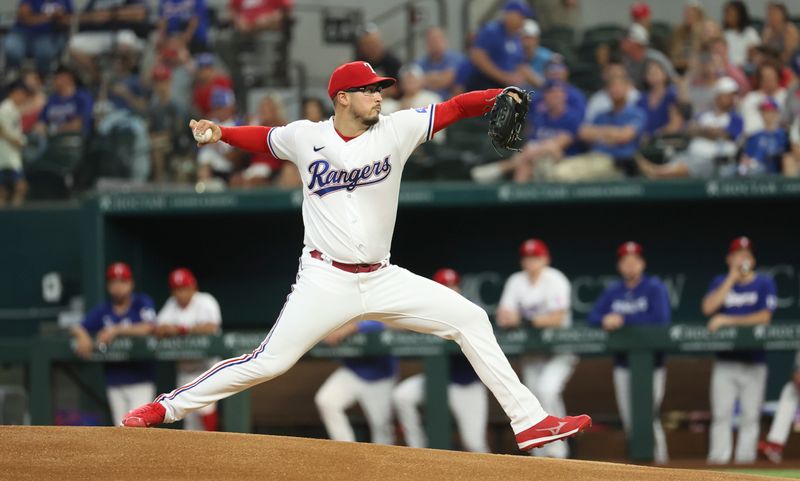 Jun 28, 2023; Arlington, Texas, USA;  Texas Rangers starting pitcher Dane Dunning (33) throws during the first inning against the Detroit Tigers at Globe Life Field. Mandatory Credit: Kevin Jairaj-USA TODAY Sports