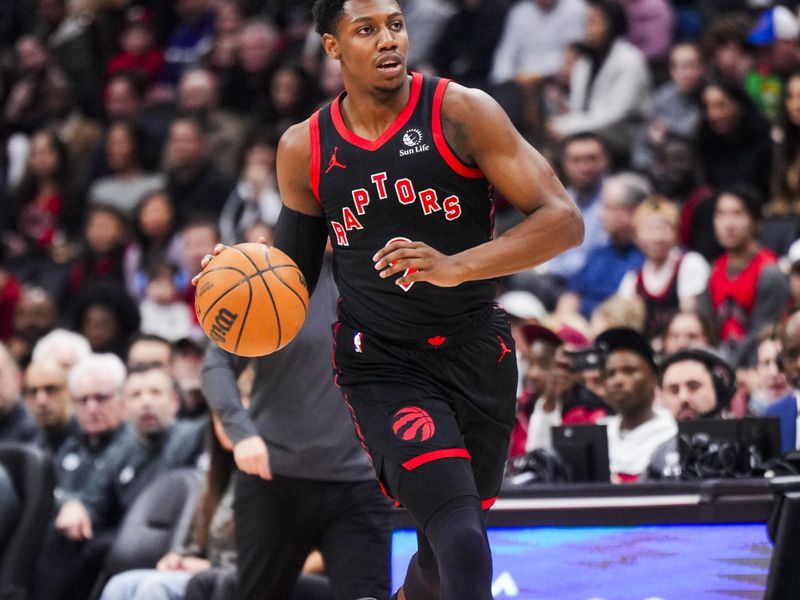 TORONTO, ON - FEBRUARY 9: RJ Barrett #9 of the Toronto Raptors dribbles against the Houston Rockets during the first half of their basketball game at the Scotiabank Arena on February 9, 2024 in Toronto, Ontario, Canada. NOTE TO USER: User expressly acknowledges and agrees that, by downloading and/or using this Photograph, user is consenting to the terms and conditions of the Getty Images License Agreement. (Photo by Mark Blinch/Getty Images)