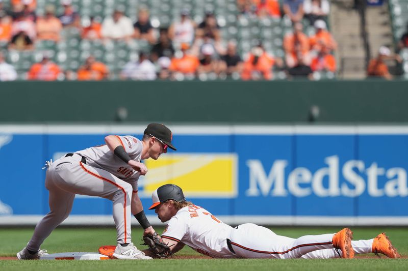 Sep 19, 2024; Baltimore, Maryland, USA; Baltimore Orioles shortstop Gunnar Henderson (20 steals second base in the first inning ahead of a tag by San Francisco Giants shortstop Tyler Fitzgerald (49) at Oriole Park at Camden Yards. Mandatory Credit: Mitch Stringer-Imagn Images