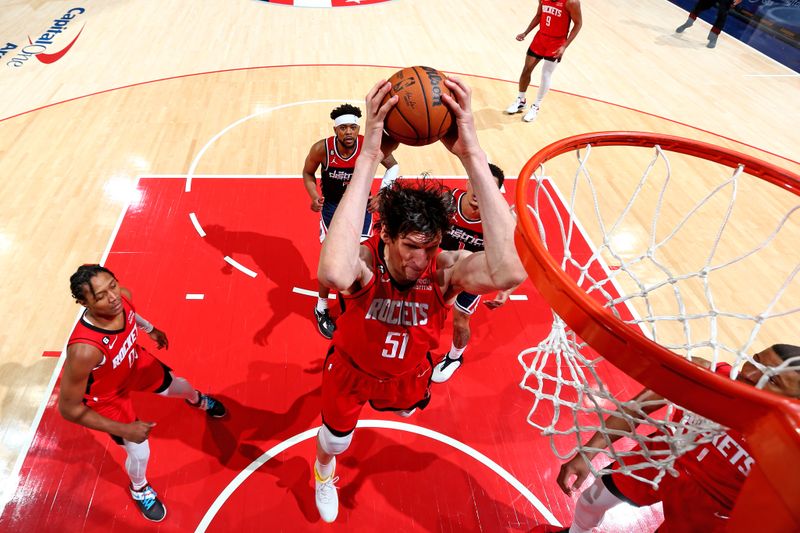 WASHINGTON, DC -? APRIL 9: Boban Marjanovic #51 of the Houston Rockets drives to the basket against the Washington Wizards  on April 9, 2023 at Capital One Arena in Washington, DC. NOTE TO USER: User expressly acknowledges and agrees that, by downloading and or using this Photograph, user is consenting to the terms and conditions of the Getty Images License Agreement. Mandatory Copyright Notice: Copyright 2023 NBAE (Photo by Stephen Gosling/NBAE via Getty Images)