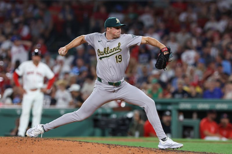 Jul 10, 2024; Boston, Massachusetts, USA; Oakland Athletics relief pitcher Mason Miller (19) delivers a pitch during the ninth inning against the Boston Red Sox at Fenway Park. Mandatory Credit: Paul Rutherford-USA TODAY Sports