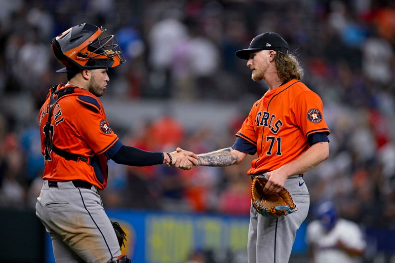Aug 7, 2024; Arlington, Texas, USA;  Houston Astros catcher Victor Caratini (17) shakes hands with relief pitcher Josh Hader (71) after the Astros defeat the Texas Rangers at Globe Life Field. Mandatory Credit: Jerome Miron-USA TODAY Sports