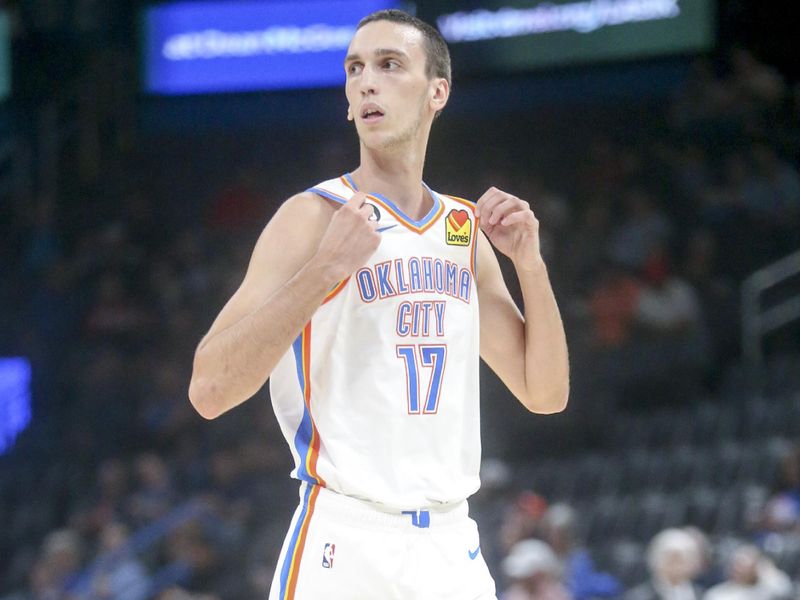 OKLAHOMA CITY, OKLAHOMA - OCTOBER 06: Aleksej Pokusevski #17 of the Oklahoma City Thunder against the Adelaide 36ers at Paycom Center on October 06, 2022 in Oklahoma City, Oklahoma. (Photo by Ian Maule/Getty Images)