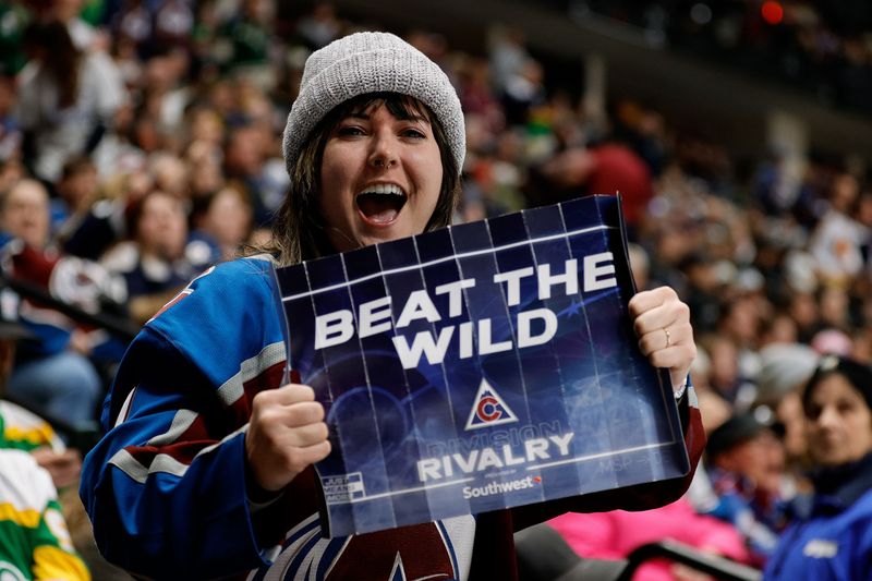 Mar 8, 2024; Denver, Colorado, USA; A Colorado Avalanche fan holds up a sign in the third period against the Minnesota Wild at Ball Arena. Mandatory Credit: Isaiah J. Downing-USA TODAY Sports