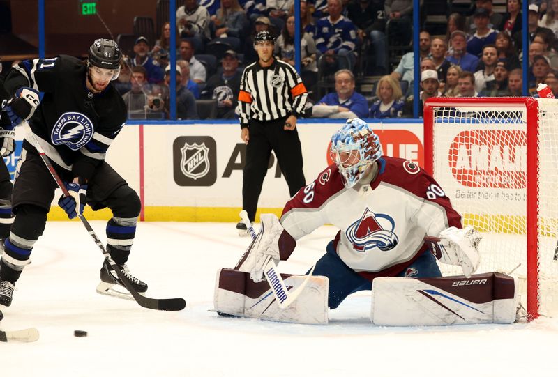 Feb 15, 2024; Tampa, Florida, USA; Colorado Avalanche goaltender Justus Annunen (60) defends the puck from Tampa Bay Lightning center Anthony Cirelli (71) during the first period at Amalie Arena. Mandatory Credit: Kim Klement Neitzel-USA TODAY Sports