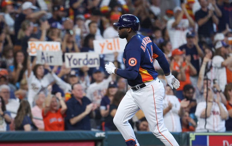 Sep 24, 2023; Houston, Texas, USA; Houston Astros left fielder Yordan Alvarez (44) rounds the bases after hitting a home run during the fifth inning against the Kansas City Royals at Minute Maid Park. Mandatory Credit: Troy Taormina-USA TODAY Sports