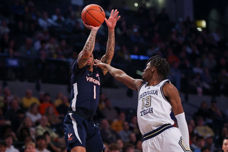 Jan 20, 2024; Atlanta, Georgia, USA; Virginia Cavaliers guard Dante Harris (1) shoots over Georgia Tech Yellow Jackets guard Miles Kelly (13) in the first half at McCamish Pavilion. Mandatory Credit: Brett Davis-USA TODAY Sports