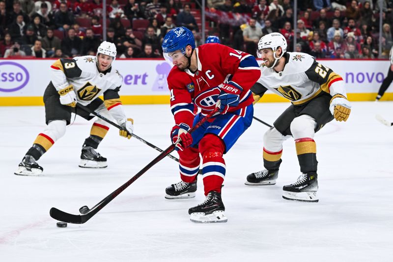 Nov 23, 2024; Montreal, Quebec, CAN; Montreal Canadiens center Nick Suzuki (14) plays the puck against Las Vegas Golden Knights defenseman Shea Theodore (27) during the second period at Bell Centre. Mandatory Credit: David Kirouac-Imagn Images