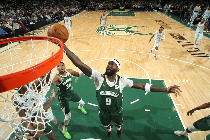 MILWAUKEE, WI - JANUARY 8: Bobby Portis #9 of the Milwaukee Bucks rebounds during the game against the San Antonio Spurs on January 8, 2025 at the Fiserv Forum Center in Milwaukee, Wisconsin. NOTE TO USER: User expressly acknowledges and agrees that, by downloading and or using this Photograph, user is consenting to the terms and conditions of the Getty Images License Agreement. Mandatory Copyright Notice: Copyright 2025 NBAE (Photo by Gary Dineen/NBAE via Getty Images).