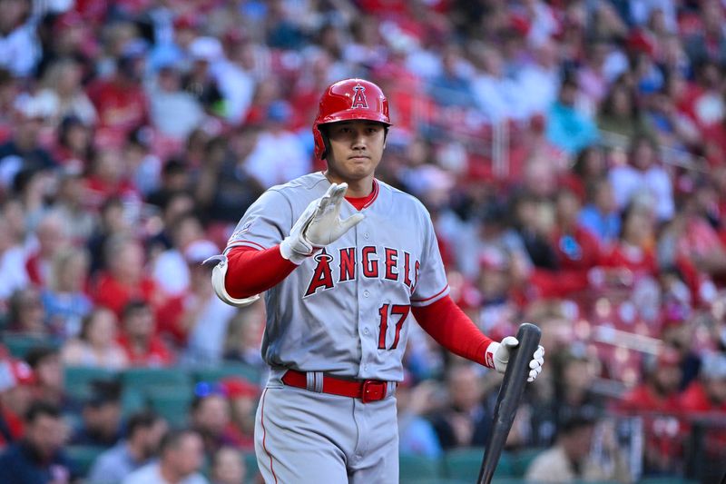 May 3, 2023; St. Louis, Missouri, USA;  Los Angeles Angels starting pitcher Shohei Ohtani (17) walks up to the plate during the first inning against the St. Louis Cardinals at Busch Stadium. Mandatory Credit: Jeff Curry-USA TODAY Sports