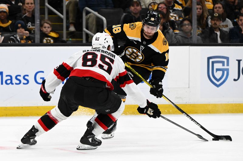 Nov 9, 2024; Boston, Massachusetts, USA; Ottawa Senators defenseman Jake Sanderson (85) defends Boston Bruins center Pavel Zacha (18) during the third period at TD Garden. Mandatory Credit: Brian Fluharty-Imagn Images