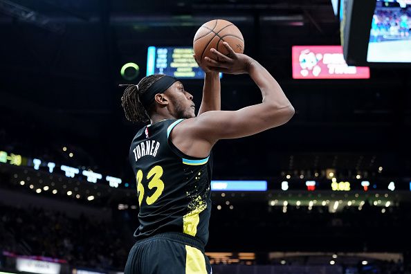 INDIANAPOLIS, INDIANA - DECEMBER 20: Myles Turner #33 of the Indiana Pacers attempts a shot in the first quarter against the Charlotte Hornets at Gainbridge Fieldhouse on December 20, 2023 in Indianapolis, Indiana. NOTE TO USER: User expressly acknowledges and agrees that, by downloading and or using this photograph, User is consenting to the terms and conditions of the Getty Images License Agreement. (Photo by Dylan Buell/Getty Images)