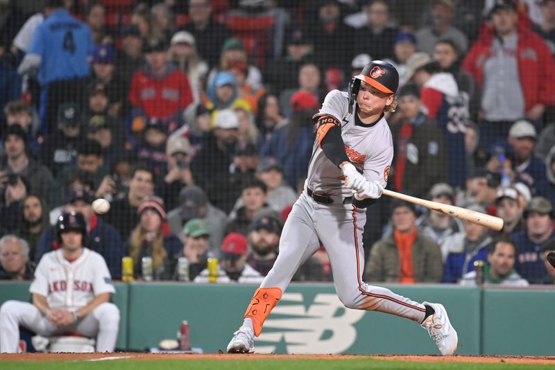 Apr 11, 20024; Boston, Massachusetts, USA; Baltimore Orioles second baseman Jackson Holiday (7) bats against the Boston Red Sox during the third inning at Fenway Park. Mandatory Credit: Eric Canha-USA TODAY Sports